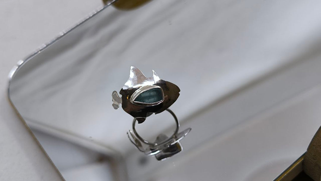 Mula Isla Sterling Silver & Sea Glass Odonus Triggerfish Adjustable Ring
