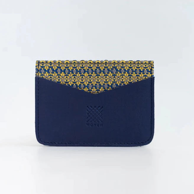 Woven Card Holder - Navy Blue Leather