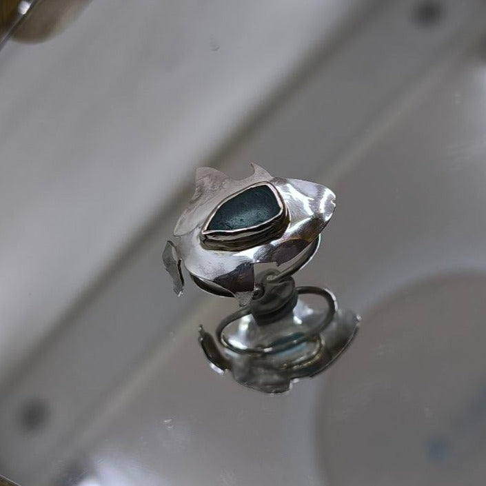 Mula Isla Sterling Silver & Sea Glass Odonus Triggerfish Adjustable Ring