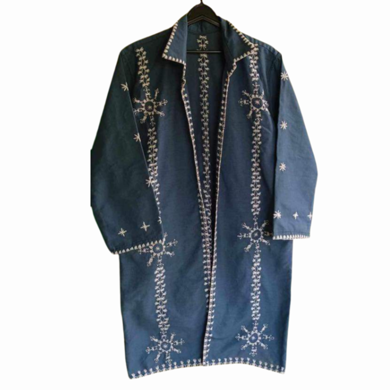 HeritageFinds Unisex Long Coat with Itneg Embroidery - Natural Dye Weave