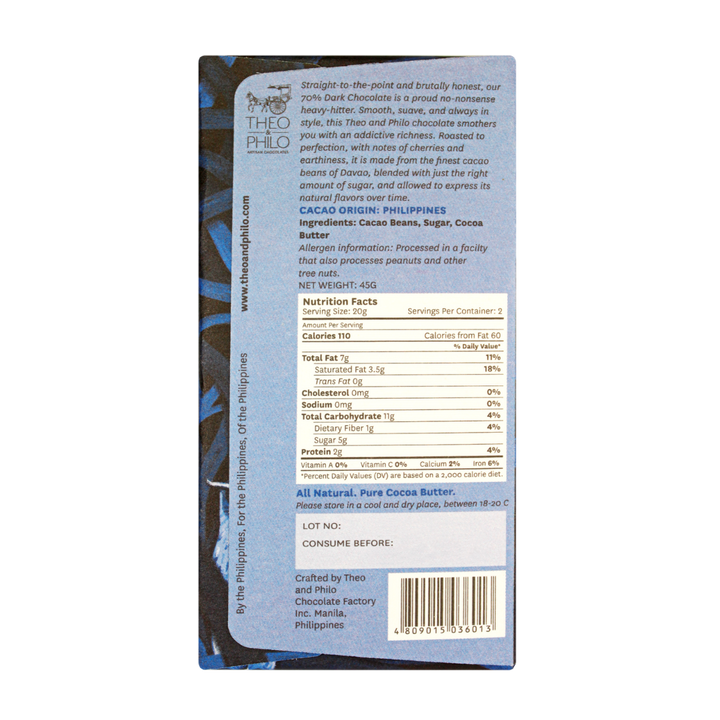 Theo and Philo Chocolates 70% Dark Chocolate Bar