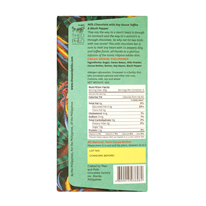 Theo and Philo Chocolates Milk Chocolate Adobo (Soy Sauce Toffee and Black Pepper) Bar