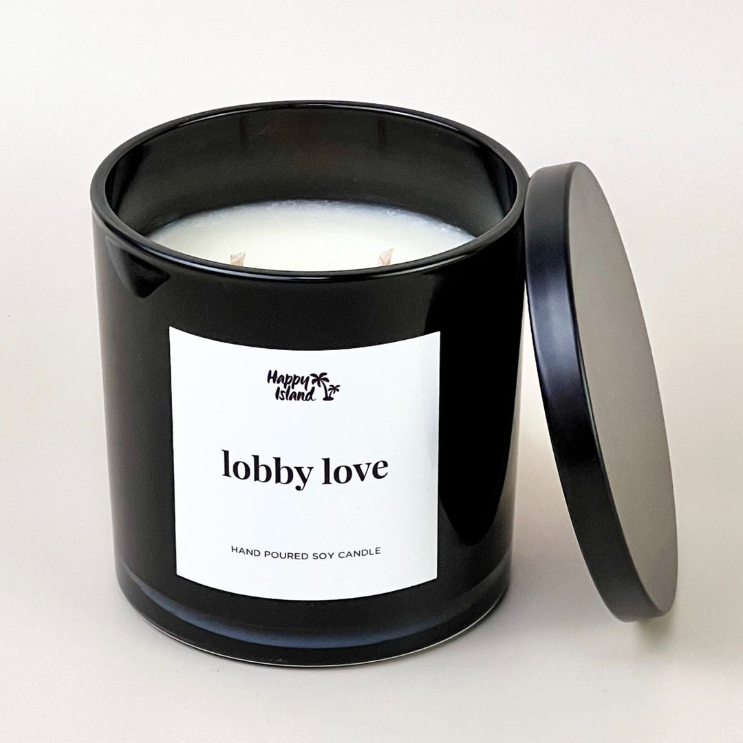 Happy Island Hand-Poured Soy Candle in Lobby Love