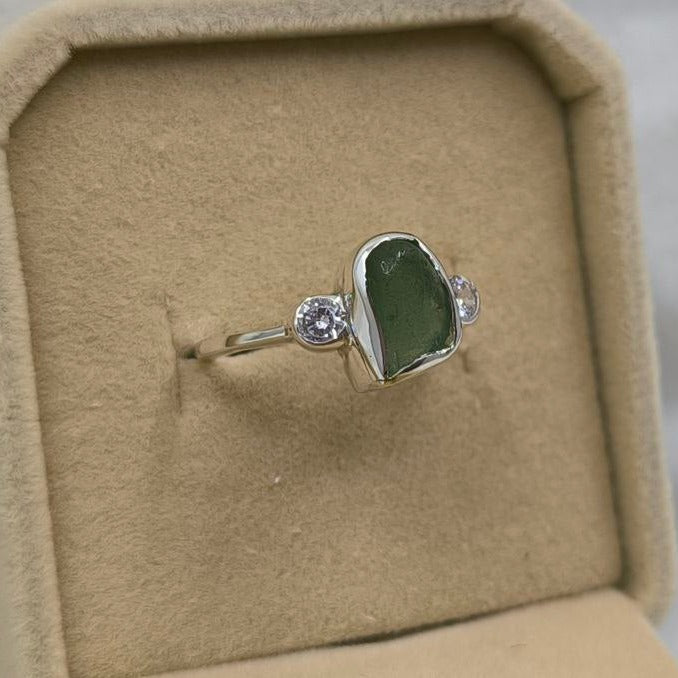 Reef Picks Sterling Silver & Sea Glass Bezel Ring with Two Cubic Zirconia
