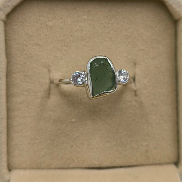 Reef Picks Sterling Silver & Sea Glass Bezel Ring with Two Cubic Zirconia