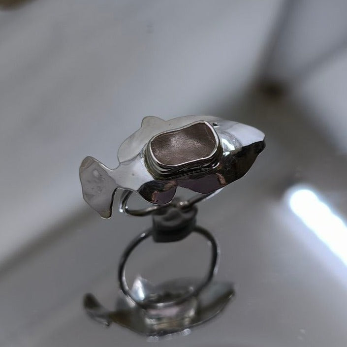 Reef Picks Sterling Silver & Sea Glass Odonus Triggerfish Adjustable Ring
