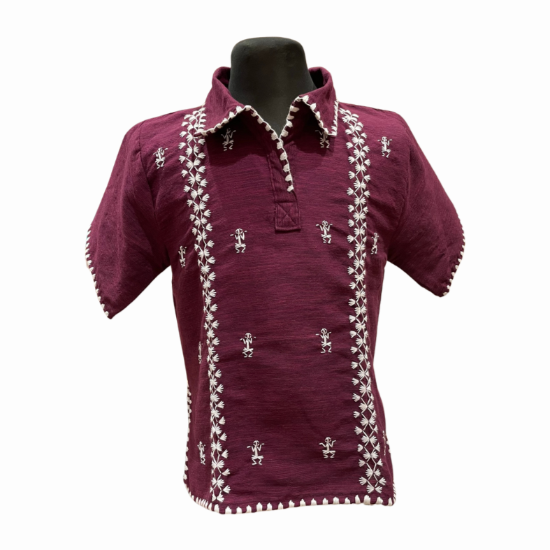 HeritageFinds Kantarines Weave Polo Blouse with Itneg Embroidery