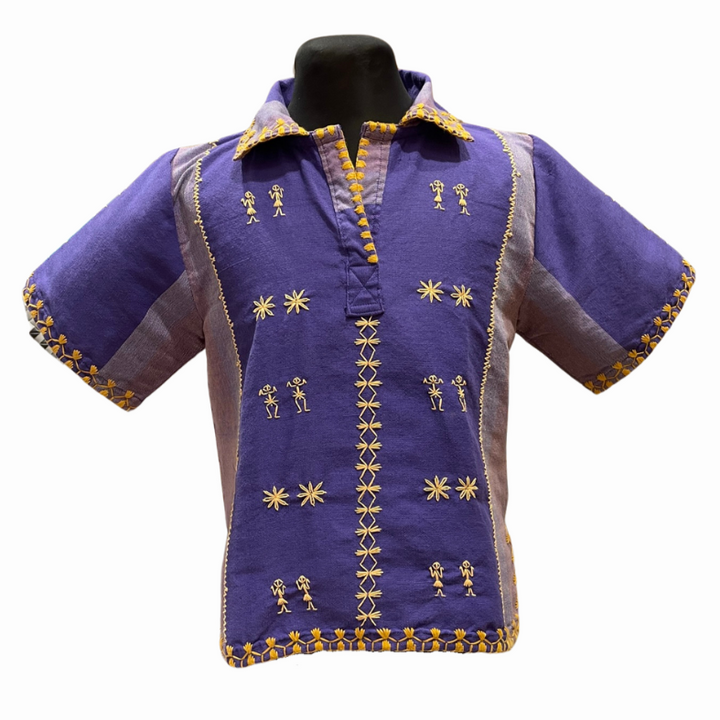 HeritageFinds Kantarines Weave Polo Blouse with Itneg Embroidery