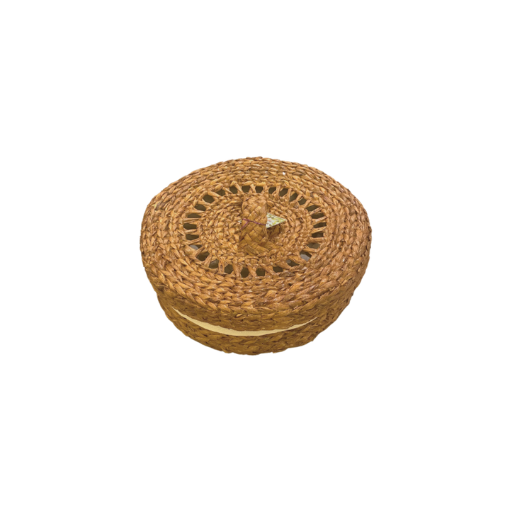 Remdavies Handwoven Water Hyacinth Round Tray with Lid and Cloth Lining