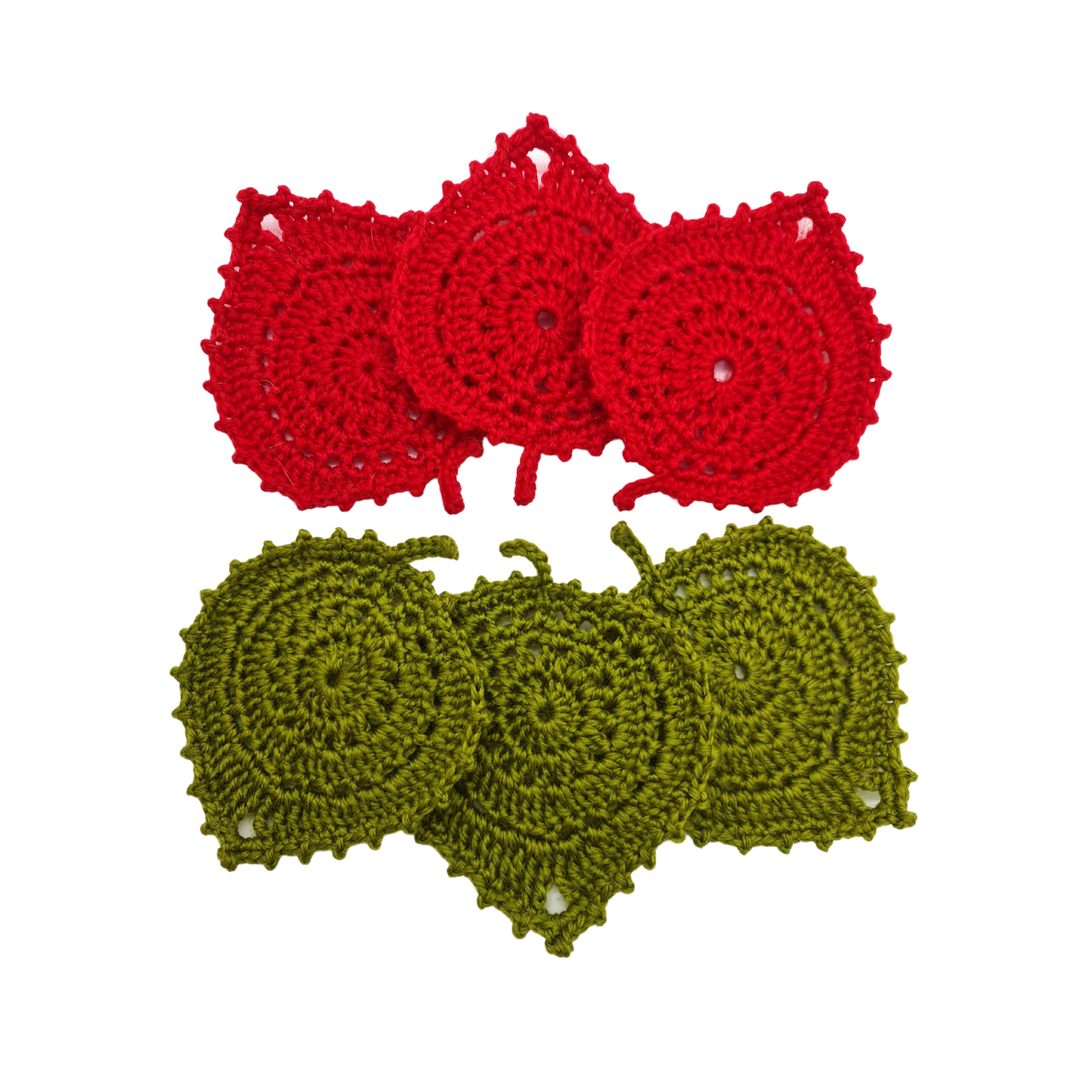 The Art Heart Hand-Crocheted Leaf Coaster Set of 6 - 3 Red + 3 Green