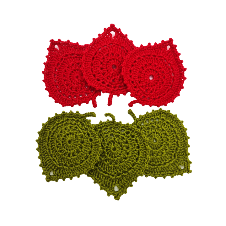 The Art Heart Hand-Crocheted Leaf Coaster Set of 6 - 3 Red + 3 Green